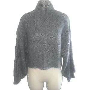 Vero Moda Gray Cable Knit Cropped‎ Mock Neck Balloon Sleeve Scandi Sweater NWT